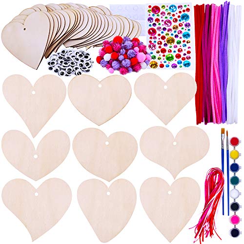 36 Sets Valentine's Day DIY Assorted Wood Heart Ornament Craft Kit Unfinished Paintable Wooden Heart Cutouts Stickers Metallic Chenille Stems Winlyn