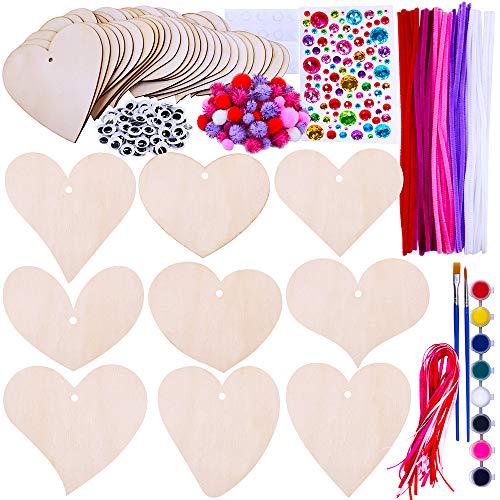 36 Sets Valentine's Day DIY Assorted Wood Heart Ornament Craft Kit Unfinished Paintable Wooden Heart Cutouts Stickers Metallic Chenille Stems