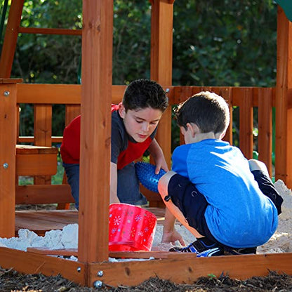 Backyard Discovery, Skyfort II Playground Cedar Wood Swing Set with Playhouse Fort, Sandbox, Picnic Table, Slide, Monkey Bars, Swings, Rock Climber,