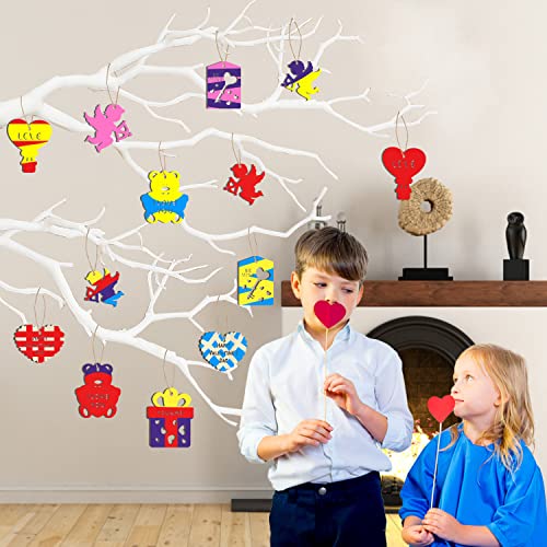 KIMOBER 36PCS Valentine's Day Wooden Slices,Unfinished Blank Cutouts for Valentine Party Decoration, Kids DIY Crafts KIMOBER