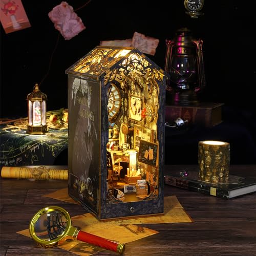DIY Book Nook Kit Wooden Detective Agency Miniature Dollhouse Kit, Creative Bookshelf Insert Decor with Sensor LED Light, Bookend Building Hobbies 3D Hallisun