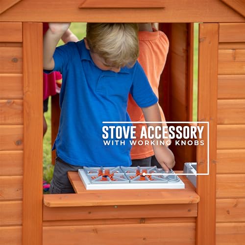 Backyard Discovery Timberlake All Cedar Wooden Playhouse, Country Cottage, Sink, Stove, White Trimmed Windows, Kitchen with Sink and Stove, Flowerpot Backyard Discovery