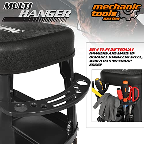 M-AUTO Heavy Duty Garage Rolling Work Seat 300LBS Capacity Mechanics Stool with Wheels, Rolling Work Seat with Equipment Tray and Tool Rack, M-AUTO