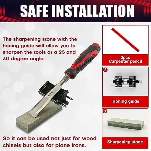 wesleydrill 10-Piece Wood Chisel Set, Wood Carving Chisels with Honing Guide, Carpenter Pencils and Sharpening Stone, CR-V Steel (1/4", 1/2", 3/4", wesleydrill