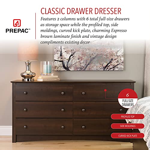 Prepac Fremont Bedroom Furniture: Espresso Double Dresser for Bedroom, 6-Drawer Wide Chest of Drawers, Traditional Bedroom Dresser, EDC-6330-V, 59"W - WoodArtSupply