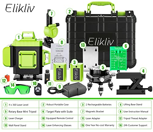 Laser Level Self Leveling - Elikliv 200ft Outdoor Robust Indoors 4D Green Cross Line Laser Level 4x360 Horizontal Vertical Dual-beam Lasers for DIY Elikliv