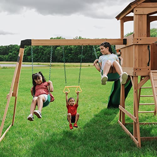 Backyard Discovery Sterling Point All Cedar Wooden Swing Set, Raised Clubhouse,Web Swing, Climbing Wall, 10ft Wave Slide, 2 Belt Swings, Front Porch, Backyard Discovery