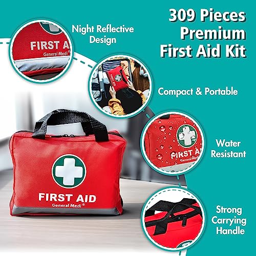 General Medi First Aid Kit -309 Pieces- Reflective Bag Design - Including Eyewash, Bandages, Moleskin Pad and Emergency Blanket for Travel, Home, General Medi