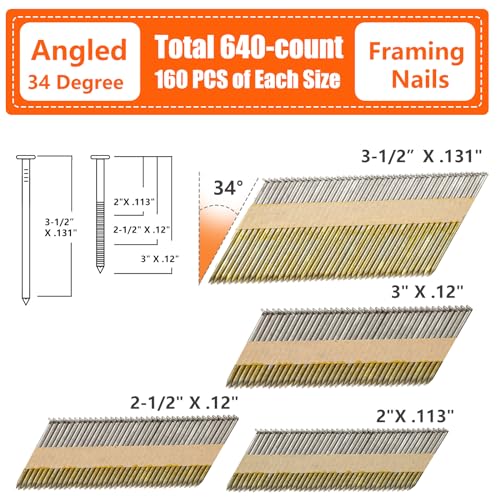 SITLDY 34 Degree Framing Nails 4 Sizes (2"+2-1/2"+3.0" Ring+3-1/2" Smooth), Offset Round Head Hot Dipped Galvanized Paper Tape Strip Nails, 80 per - WoodArtSupply