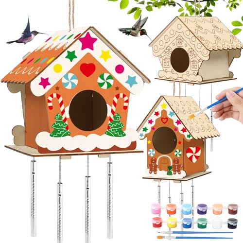3 Sets Christmas Craft Houses Kits, Make Your Own Gingerbread Wooden Christmas Houses Bird Feeder & Wind Chime Kit, Wooden Painting Arts and Crafts QOUBAI