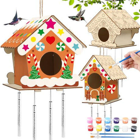 3 Sets Christmas Craft Houses Kits, Make Your Own Gingerbread Wooden Christmas Houses Bird Feeder & Wind Chime Kit, Wooden Painting Arts and Crafts QOUBAI