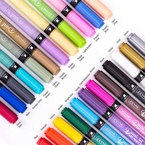 ZEYAR Dual Tip Acrylic Paint Pens 24 Colors, Board and Extra Fine Tips, Patented Product, AP Certified, Waterproof Ink, Works on Rock, Wood, Glass, ZEYAR
