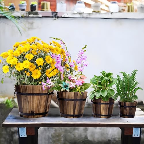 Adnee 4 Pack Wooden Whiskey Barrel Planters - 4 Sizes Wooden Bucket Barrel Garden Planters Set - Rustic Flower Planters Pots Container for Indoor Adnee