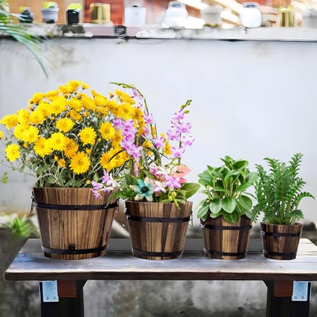 Adnee 4 Pack Wooden Whiskey Barrel Planters - 4 Sizes Wooden Bucket Barrel Garden Planters Set - Rustic Flower Planters Pots Container for Indoor Adnee
