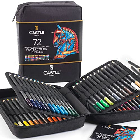 Castle Art Supplies 72 Watercolor Pencils Zip-Up Set for Adult Artists | Quality Colored Cores Vivid Colors to Create Beautiful Blended Effects with Castle Art Supplies
