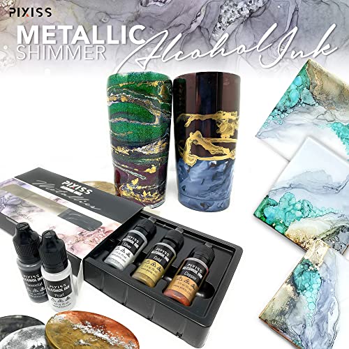 Metallic Alcohol Ink Set, Gold Alcohol Ink, Silver, Gunmetal, Copper, Pearl, Alcohol Ink Metallic Mixatives with Extreme Shimmer for Alcohol Ink Pixiss
