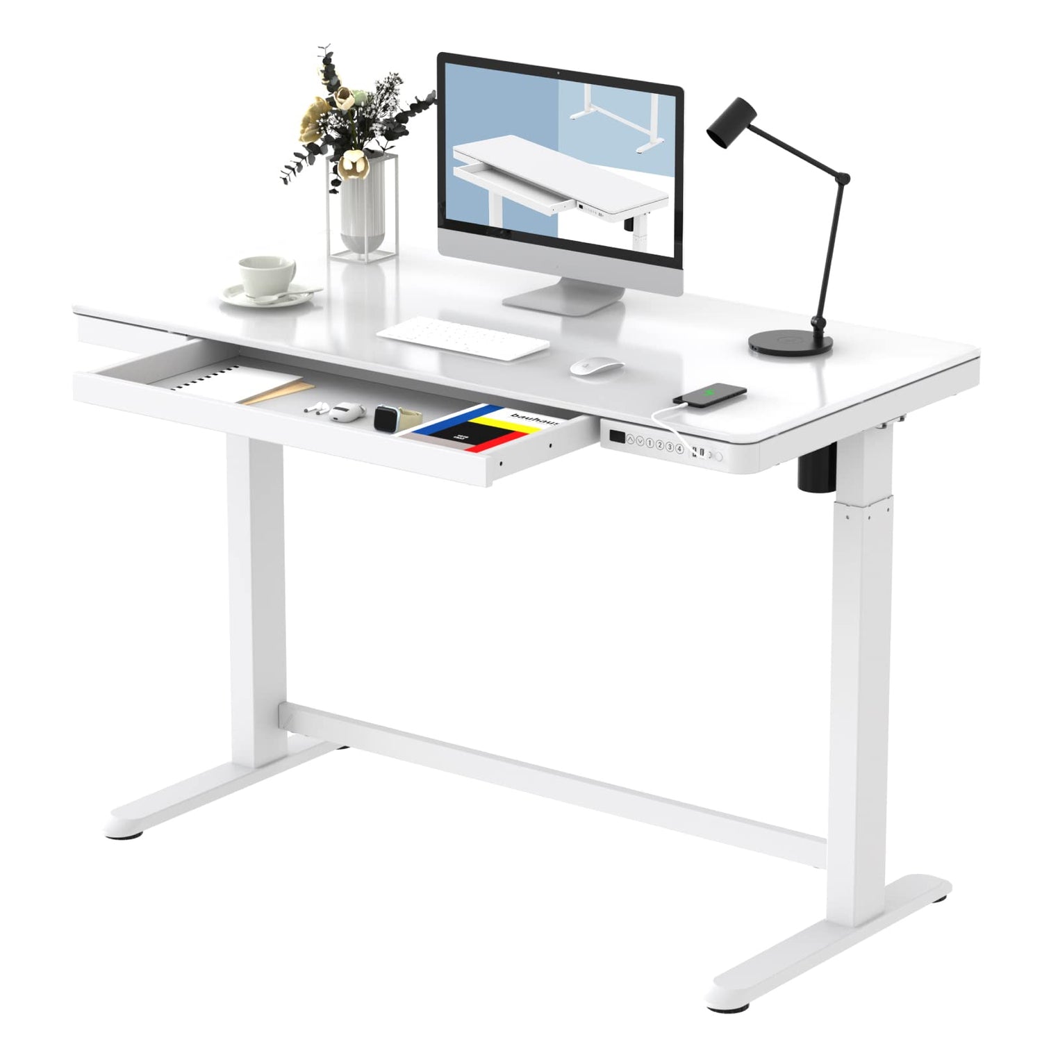 FLEXISPOT Electric Glass Standing Desk with Drawer Desktop & Adjustable Frame Quick Install w/USB Charge Ports, Child Lock (White, Glass) FLEXISPOT