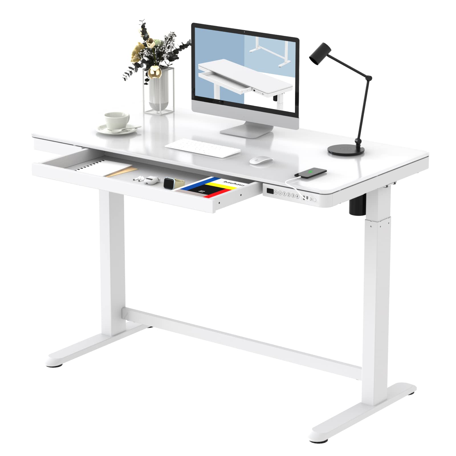 FLEXISPOT Electric Glass Standing Desk with Drawer Desktop & Adjustable Frame Quick Install w/USB Charge Ports, Child Lock (White, Glass) - WoodArtSupply