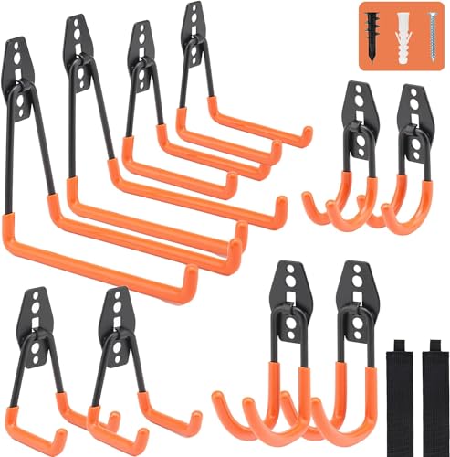 12 Pack Garage Hooks Heavy Duty with 2 Extension Cord Storage Straps, Utility Steel Garage Storage Hooks, Wall Mount Garage Hanger&Organizer for pensar