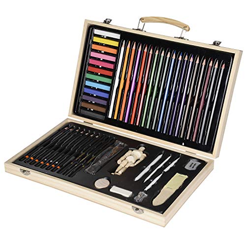 Sketching Art Set with Manikin - 54 Piece Beginners Wooden Box Set for Sketching & Coloring Supplies for Artists, Beginners, Kids, Adults and