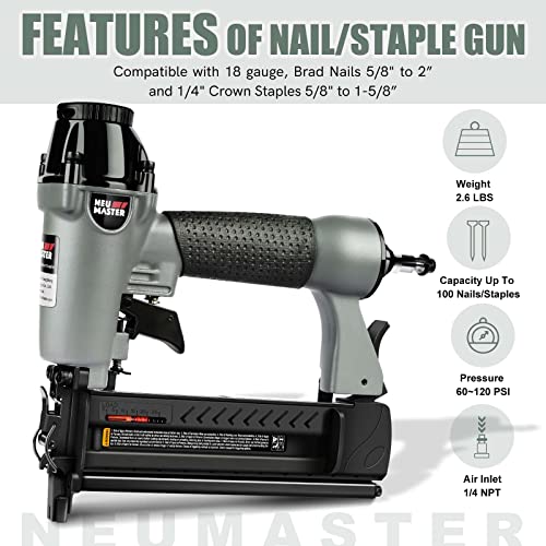 Pneumatic Brad Nailer, NEU MASTER 2 in 1 Nail Gun Staple Gun Fires 18 Gauge 2 Inch Brad Nails and Crown 1-5/8 inch Staples with Carrying Case and NEU MASTER