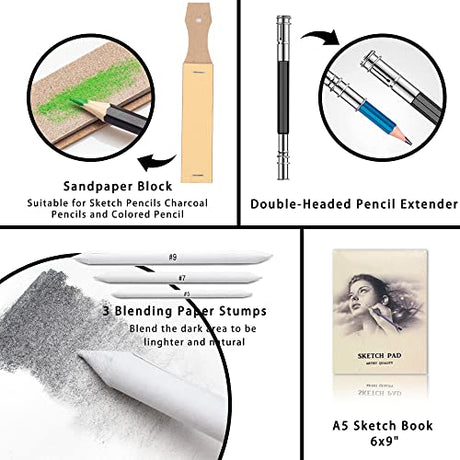 KALOUR 144 Pack Drawing Sketching Coloring Set,Include 120 Professional Soft Core Colored Pencils,Sketch & Charcoal Pencils,Sketchbook,Art Drawing KALOUR