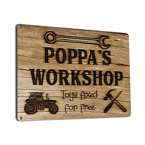 Poppa’s Workshop Toys Fixed for Free, 8.5 x 11.5 Inch Aluminum Sign, Vintage Workshop and Garage Signs Wall Decor, Gifts for Papa, Dad, Pop,