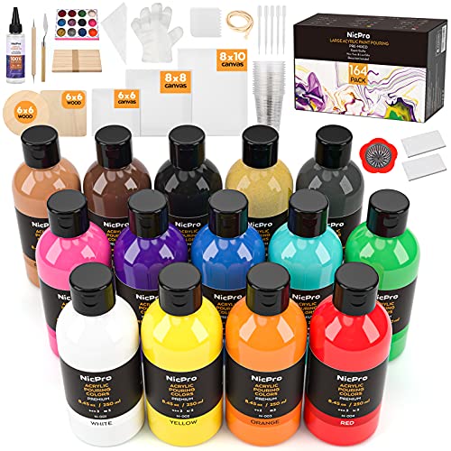 Nicpro 14 Colors 8.45oz Acrylic Pour Paint Supplies Kit, Large Volume Premixed High Flow Painting Bulk Set with Canvas, Wood Natural Slices, Pouring - WoodArtSupply