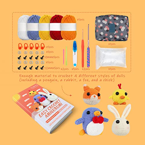 Coopay Crochet Kit for Beginners Kids Adults - Cute Penguin, Chicken, Rabbit & Fox, Complete Crochet Set with 4 Different Crochet Patterns, DIY Coopay