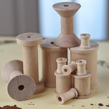 Package of 24 Assorted Size Unfinished Wood Thread Spools for Crafting