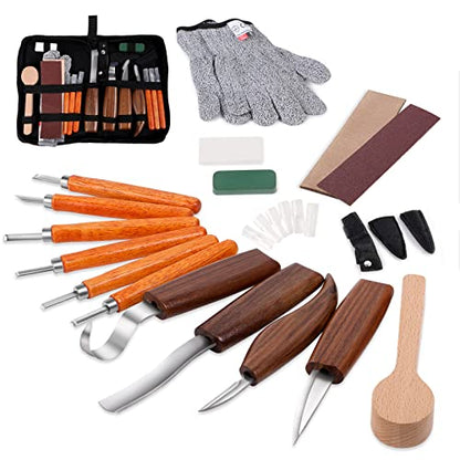 Wood Carving Tools Set,Detail and Hook Carving Knife Kit for Beginners,Trimming Knife for Spoon Bowl Cup Woodwork,Round Handle Design and 6pcs SK2 - WoodArtSupply