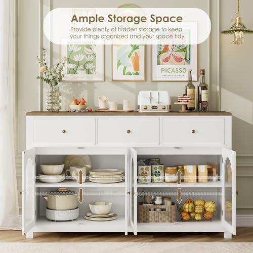 finetones Buffet Cabinet with Storage, 55.1" Large Sideboard Buffet Cabinet, Farmhouse Kitchen Cabinet Display Cabinet with 3 Drawers and 4 Doors, finetones