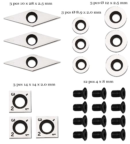 12 Pieces Carbide Cutter Inserts Set For Wood Lathe Turning Tools (14mm Square inserts, 28mm Diamond inserts and 8.9mm Round,12mm Round inserts), 12