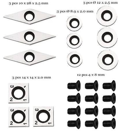 12 Pieces Carbide Cutter Inserts Set For Wood Lathe Turning Tools (14mm Square inserts, 28mm Diamond inserts and 8.9mm Round,12mm Round inserts), 12 - WoodArtSupply