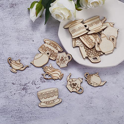 LiQunSweet 50 Pcs Wooden Cup & Teapot Cabochons Unfinished Wood Cutout Slice Pieces Embellishments for DIY Painting Project House Door Hanging