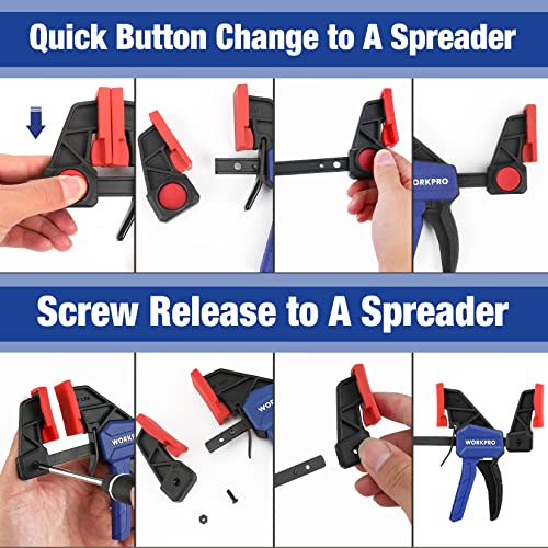 WORKPRO Mini Bar Clamps for Woodworking, 6"(2) and 4-1/2"(2), 4-Piece One-Handed Clamp/Spreader, Light-Duty Quick-Change F Clamp with 150lbs Load WORKPRO