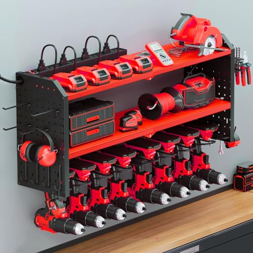 KAFAHOM Power Tool Organizer with Charging Station, Built in 8 Outlet Power Strip,Large 8 Drill Holder Wall Mount, Heavy Duty Metal Power Tool - WoodArtSupply