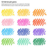 ARTEZA Felt Tip Pens, Set of 12 Bright Brush Tip Calligraphy Pens for Note Taking, Sketching, Cross-Hatching, and Outlining, Dye-Based Ink, ARTEZA