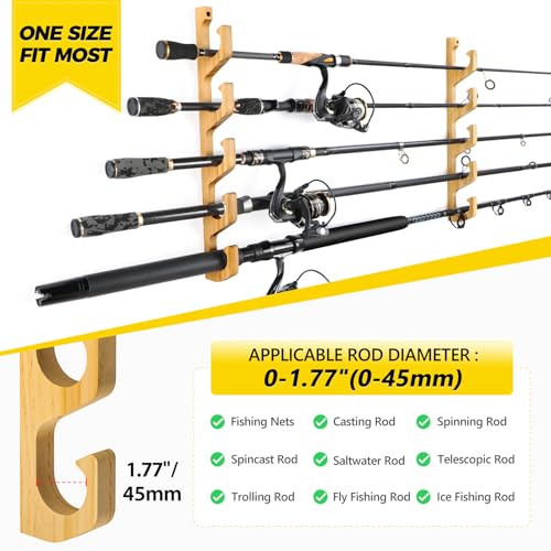 PLUSINNO WH5 Horizontal Fishing Rod/Pole Holders for Garage, Wall or Ceiling Mounted Fishing Rod Rack, Solid Wood Fishing Pole Holder Holds up to 5 PLUSINNO