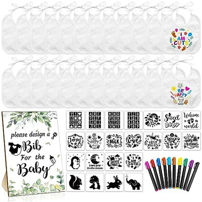 Newwiee 55 Pcs DIY Baby Bibs Set Includes 22 White Feeder Bibs 22 Stencils 10 Fabric Markers 1 Wooden Baby Shower Game Sign, White Bibs Baby Shower