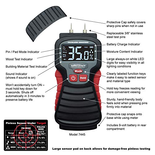 Calculated Industries 7445 AccuMASTER Duo Pro Pin & Pinless Moisture Meter Detects Hidden Leaks and Moisture | Combo Non-invasive Pad + Pin Sensors | - WoodArtSupply