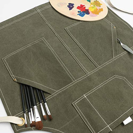Jeanerlor - 16oz Water-Resistant Work Hairdresser Canvas Aprons for Women Painting Garden Tool Apron with Pockets（Olive Green） Adjustable S to M Jeanerlor