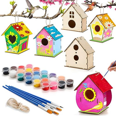 Coloch 6 Pack DIY Birdhouse Kits, Wooden Crafts Arts for Children to Build and Paint (Includes Paints, and Brushes), Painting Puzzle DIY Wooden