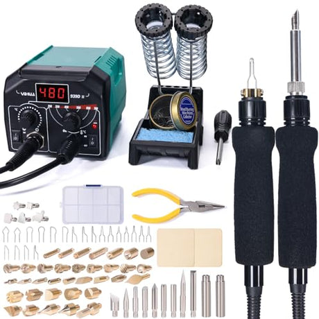 YIHUA 939D-II Pyrography Pen Wood Burning Kit Station 2-in-1 Solid-Point 200~480°C (with Temp Display)/Wire-Nib 250~750°C with 20 Nibs, Solid Points, YIHUA