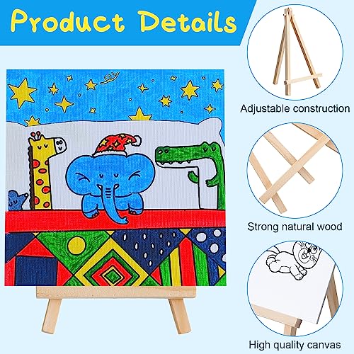 Tenceur 48 Pcs Kids Paint Party Favors Sets with 12 Pcs 5.9 x 5.9 Pre Drawn Canvas Panel and Wooden Easel Set Paint Pots and Brushes, 12 Pcs Mini Tenceur
