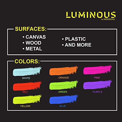 Luminous Extreme Glow in The Dark Paint - Set of 8 x 20 ml / 0.7 fl oz pots - Self-Luminous Glowing Neon Paints – High Pigmentation Long-Lasting individuall