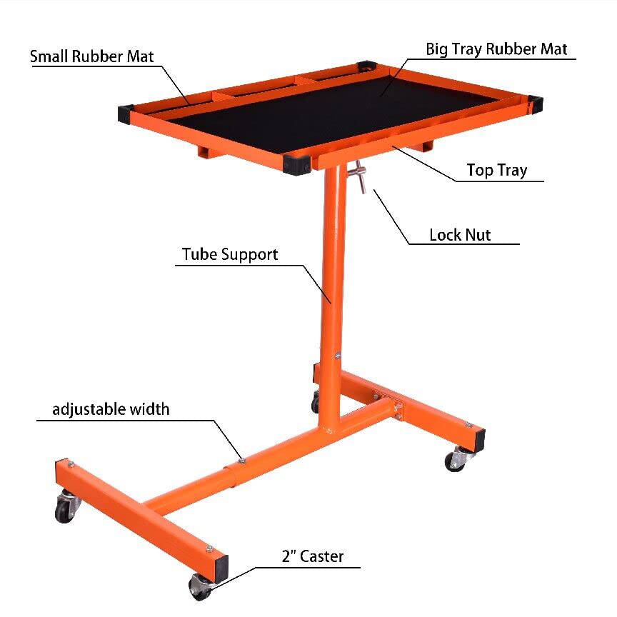 Eisen ET018 Mechanics Rolling Work Table, Adjustable Mobile Tray Table for Shop, Garage, DIY. Tool Tray Cable With Wheels. 220 lb. Capacity, orange Eisen Home