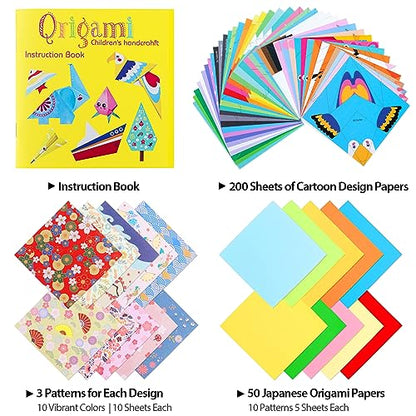 Origami Paper for Kids Crafts, 350 PCS Origami Paper Kit, Vivid 200 Cartoon Origami Objects+100 Solid Color Papers+50 Traditional Japanese Patterns