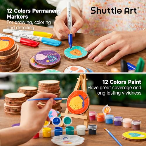 Wood Slices Kit, Shuttle Art 35 PCS Unfinished Natural Wood Slices with Pre-Drilled Hole, Acrylic Paint, Permanent Markers, Jute Twine, DIY Craft for Shuttle Art