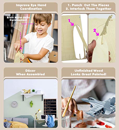 Puzzled 3D Puzzle F-18 Hornet Aircraft Jet Wood Craft Construction Kit Fun & Educational DIY Wooden Toy Assemble Model Unfinished Craft Hobby Puzzled